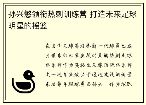 孙兴慜领衔热刺训练营 打造未来足球明星的摇篮